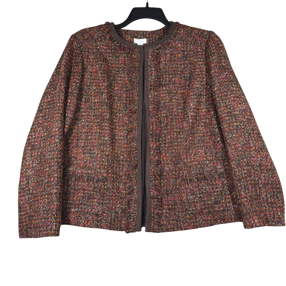 Chico's Metallic‎ Tweed Blazer Jacket Women's XL Brown Open Front Career Classic